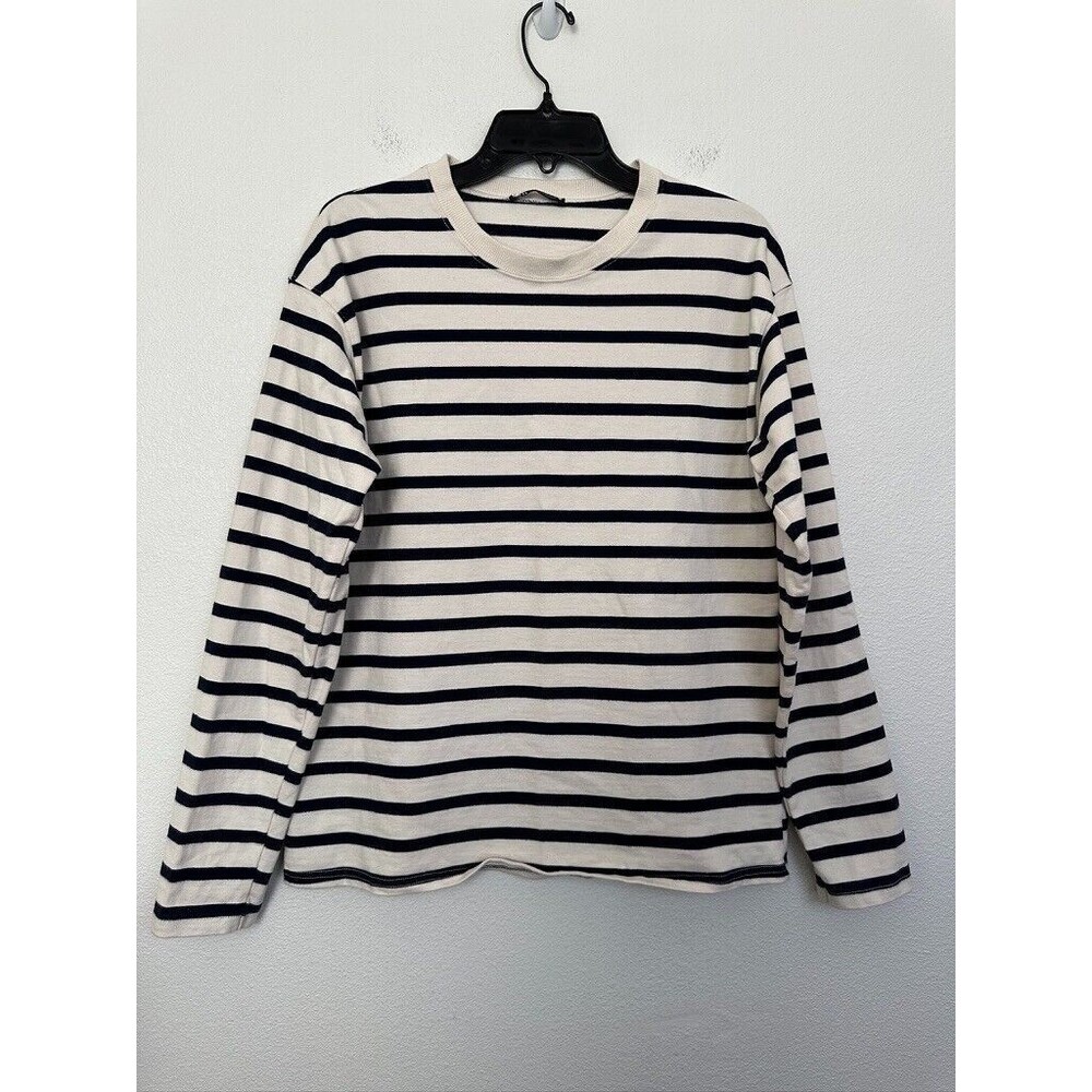 Zara Cotton Heavyweight Long Sleeve Sailor Nautical White Blue Crewneck Women M